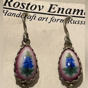 Handcrafted Pink-Edged Blue Floral Teardrop Russian Rostov Enamel Earrings